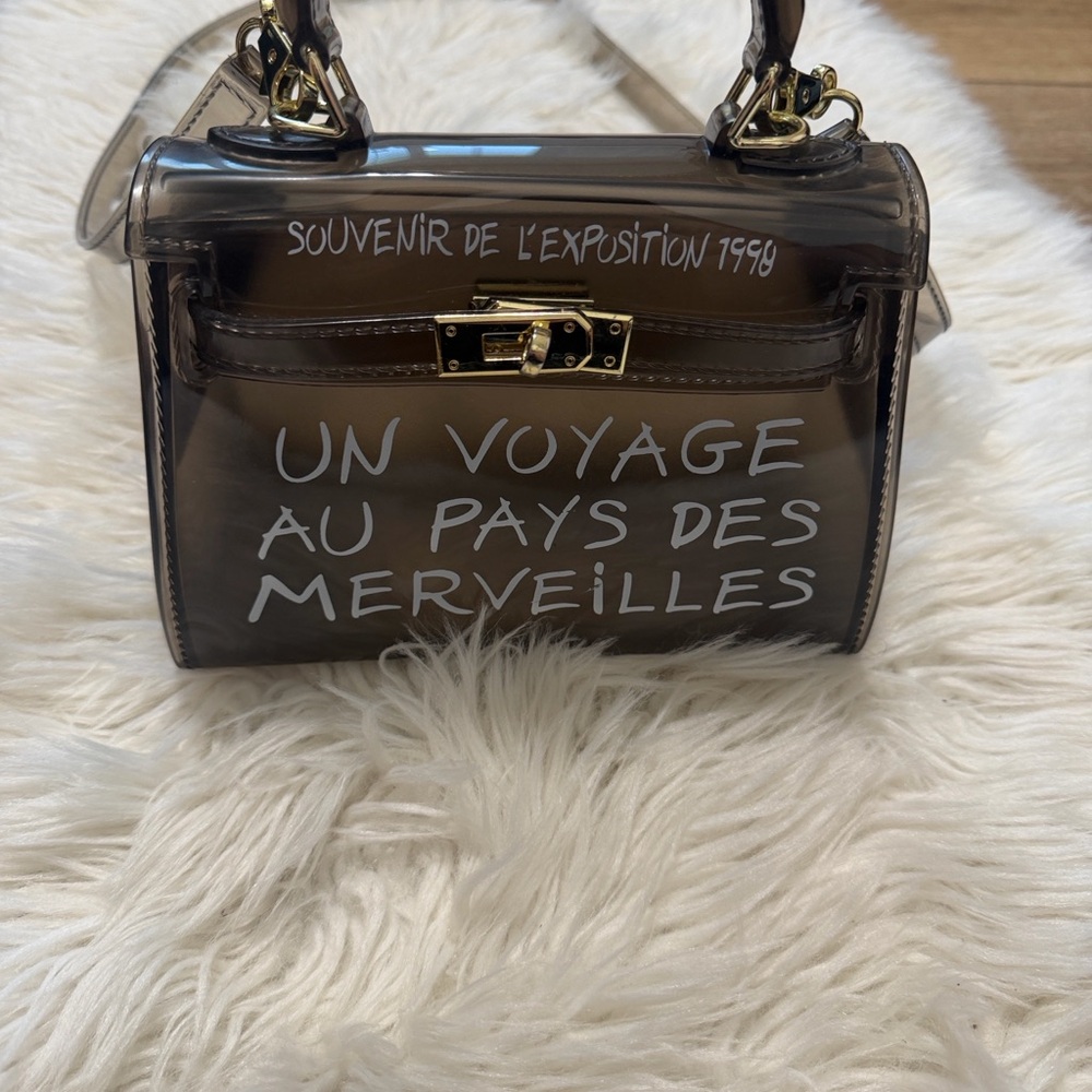 Clear Black Vinyl Crossbody Bag with White Script and Top Handle - Picture 8 of 12
